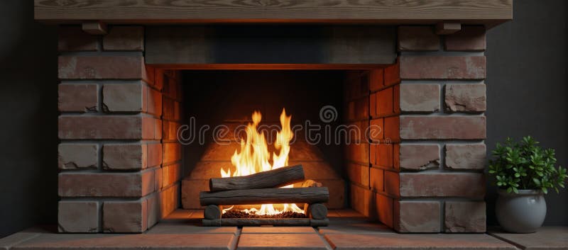 Traditional fireplace scene featuring roaring fire on empty mantelpiece shelf 3D rendering vector illustration