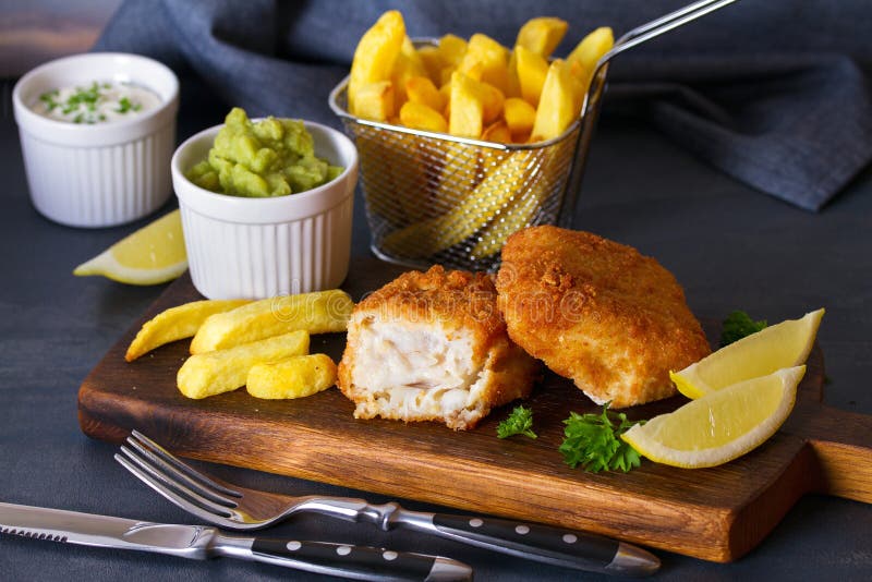 Traditional Fish and Chips with Mushy Peas. Stock Image Image of