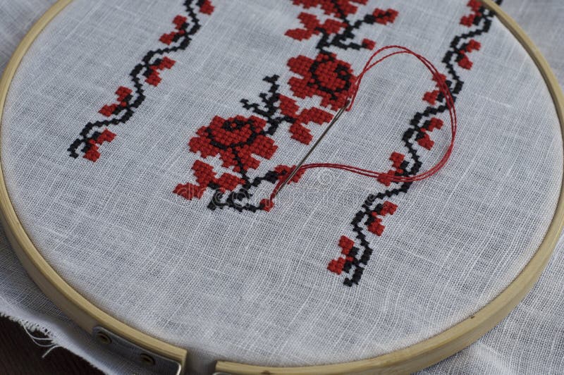 Traditional Folk Cross-stitch Flower Ornament, Fabric in the Hoop