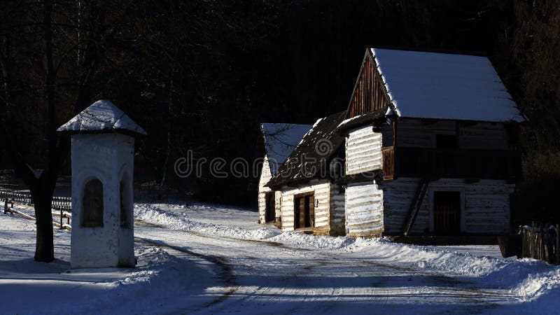 Traditional folk village architecture in winter , Slovakia