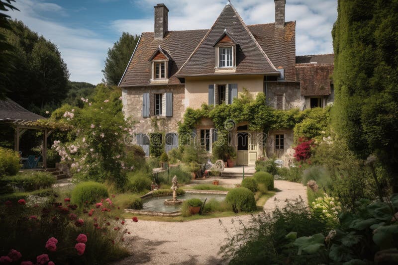 Traditional French Country House, with Lush Gardens and Fountains, and ...