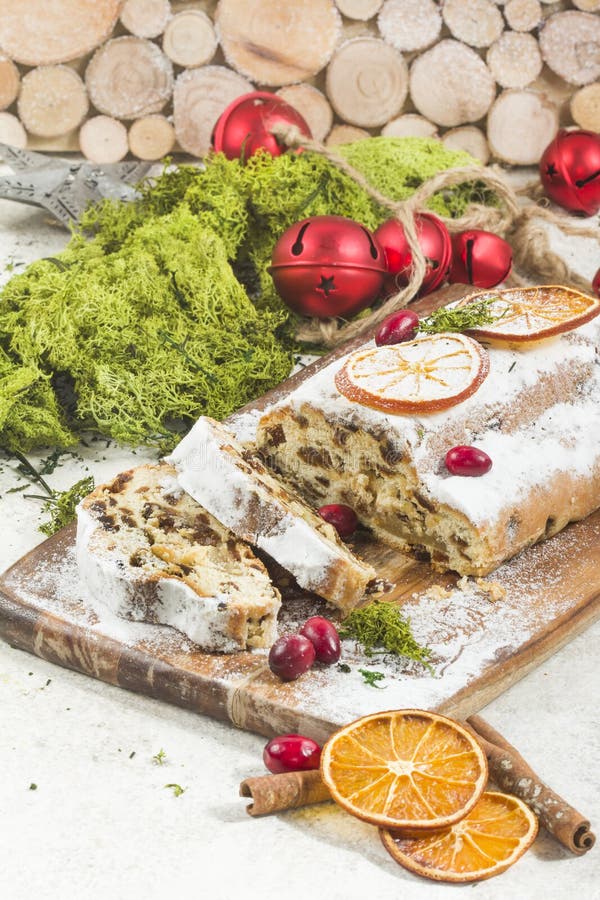 Traditional German Christmas Cake with Raisins and Marzipan. Sliced ...