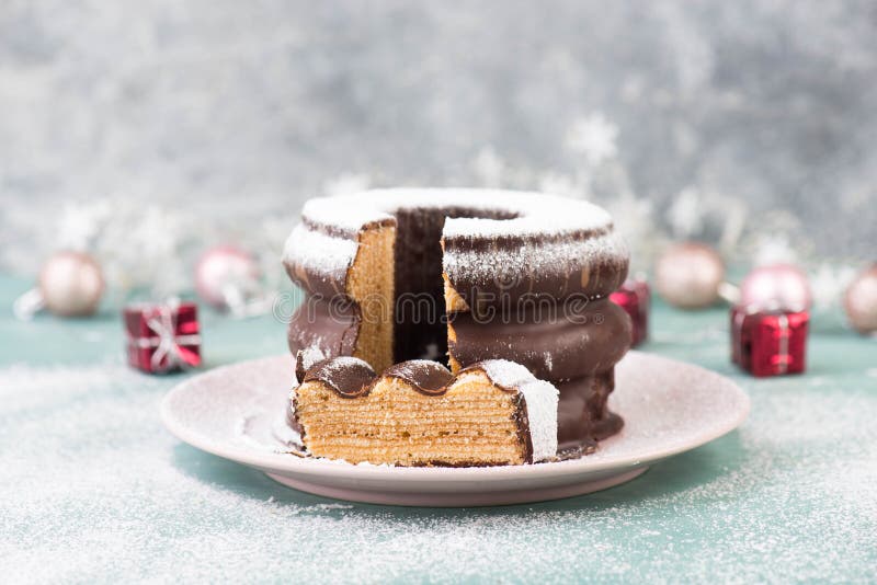 Traditional German Christmas Chocolate Cake Called Baumkuchen, Winter