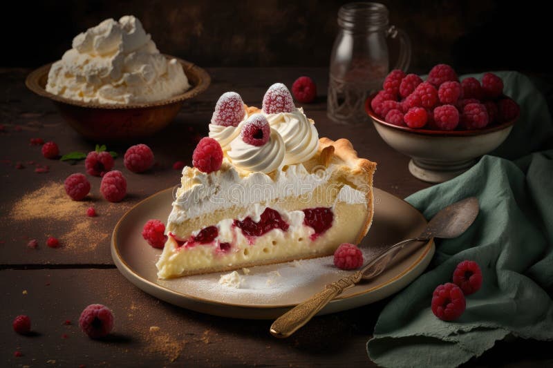 Traditional German Dessert Homemade Cream Cake with Raspberries and