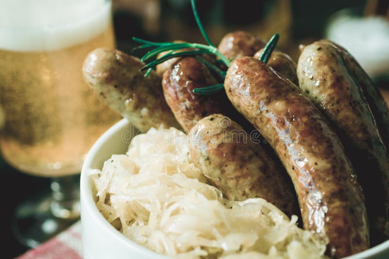Traditional German Grilled Sausages Bratwurst With Cabbage Salad Stock