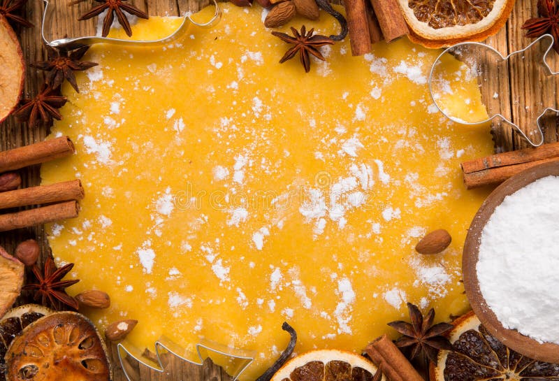 Gingerbread dought and ingredients around. Dought stock images, royalty-free photos and pictures