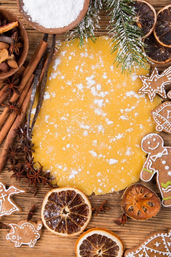 Gingerbread dought and ingredients around. Dought stock images, royalty-free photos and pictures