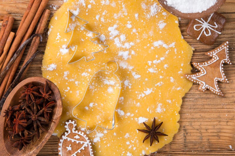 Gingerbread dought and ingredients around. Dought stock images, royalty-free photos and pictures