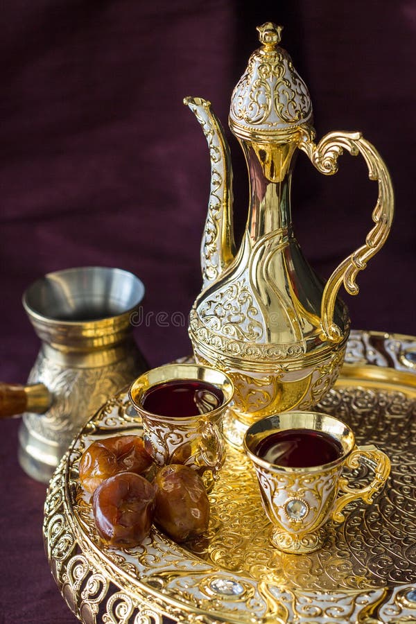 Traditional Golden Arabic Coffee Set With Dallah, Coffee 