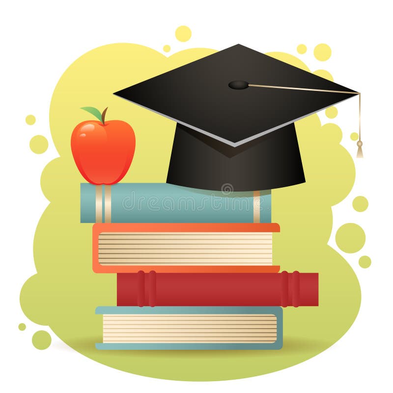 Traditional graduation hat, books and apple isolat stock illustration