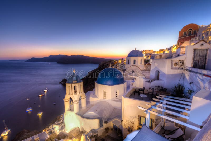 Traditional Greek Village Of Oia At Dusk Santorini Island Greece