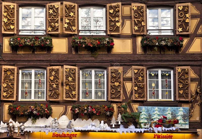 Traditional half timbered house beautifully decorated during the winter