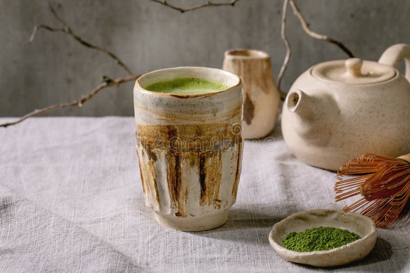 Traditional hot green tea matcha in ceramic cup