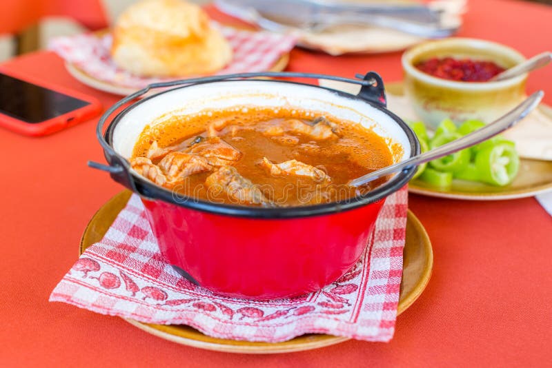 Traditional Hungarian fish soup in red kettle. Traditional Hungarian fish soup in a small red kettle stock photos