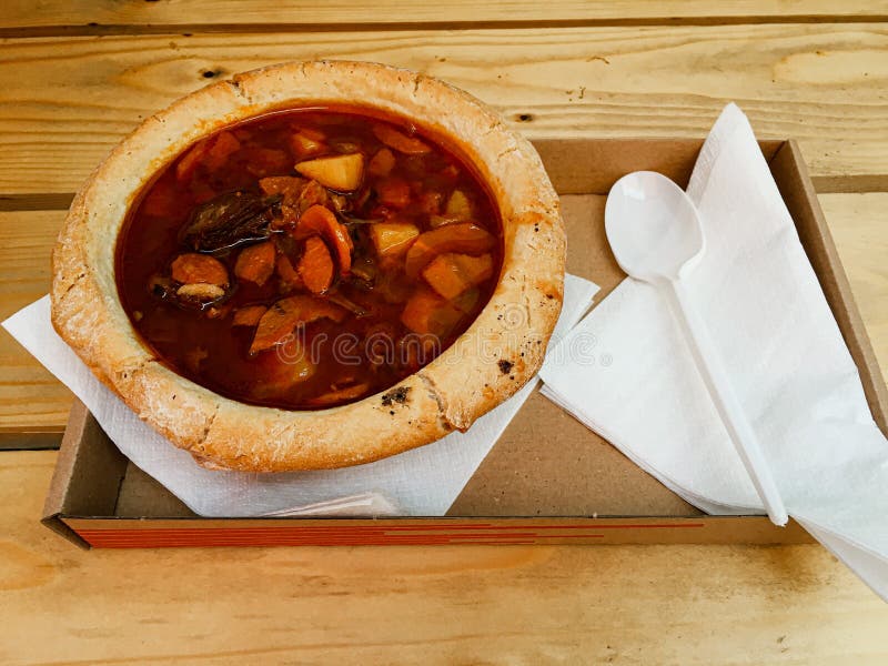 Traditional Hungarian Goulash Stew in a Bread Bowl Stock Photo Image