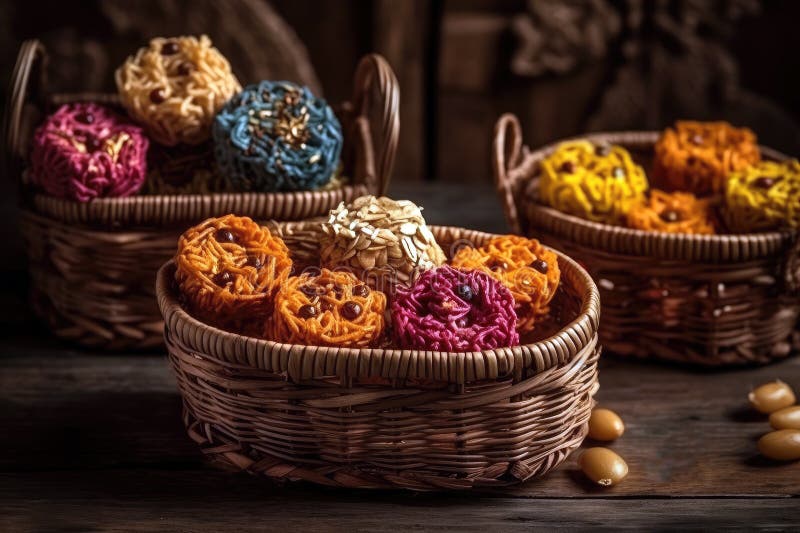 Traditional Indian Snacks in Decorative Baskets. Generative AI Stock