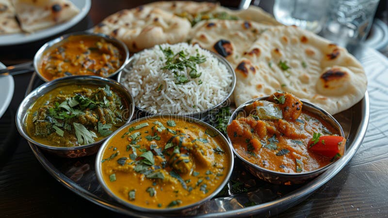 Traditional Indian Thali with Curries and Naan Stock Illustration