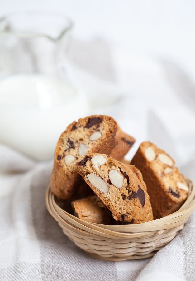 traditional Italian biscotti cookies with almonds and chocolate, selective focus