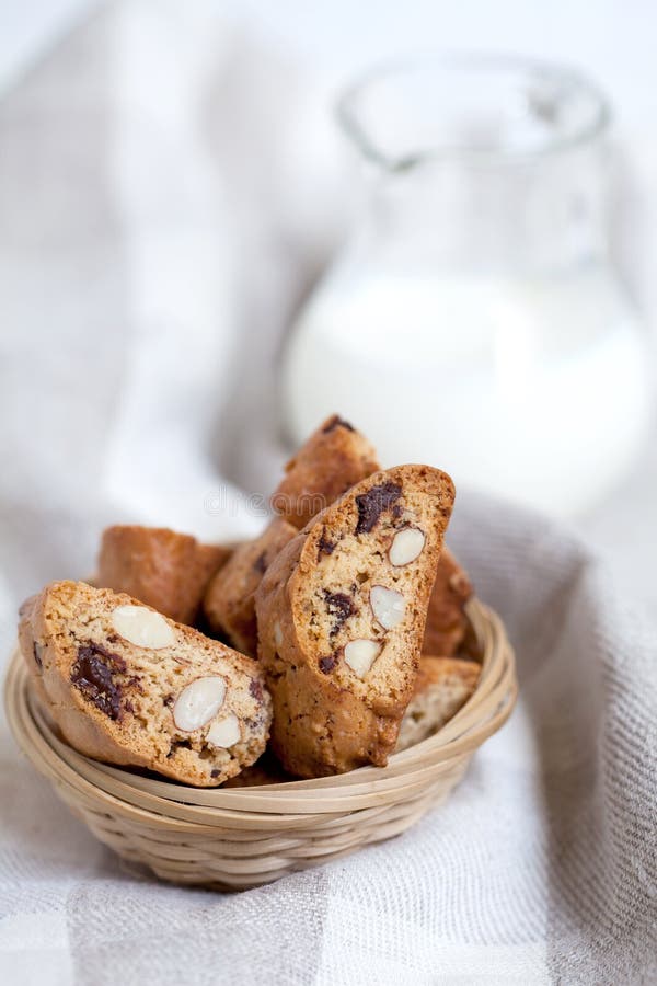 Traditional Italian biscotti cookies with almonds and chocolate