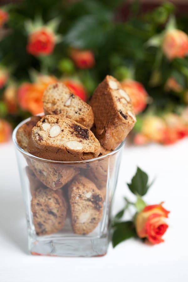 Traditional Italian biscotti cookies with almonds and chocolate