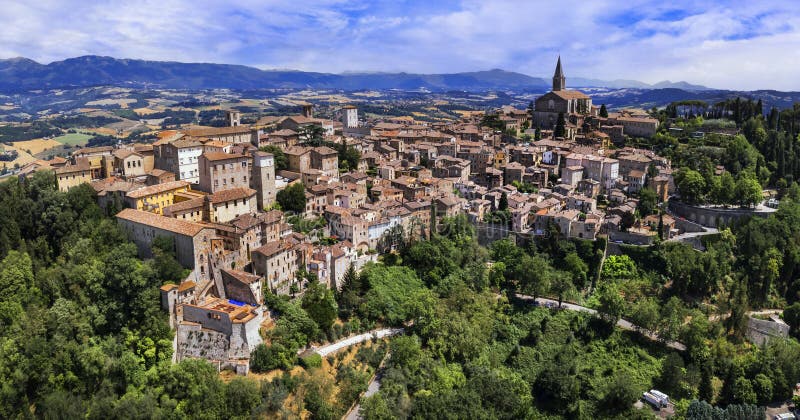 Aerial drone view of medieval Todi town in Umbria