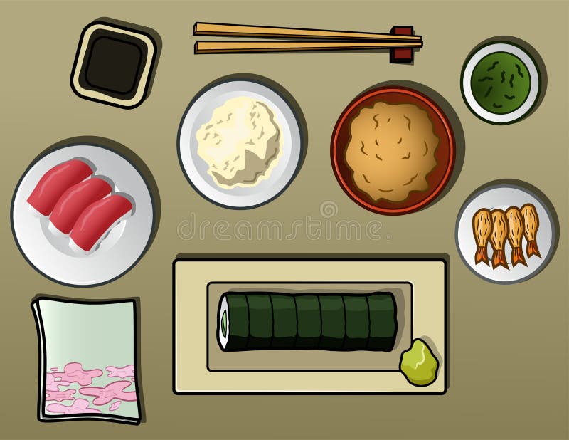 This is a vector illustration of a big Japanese meal. Cartoon chop vectors
