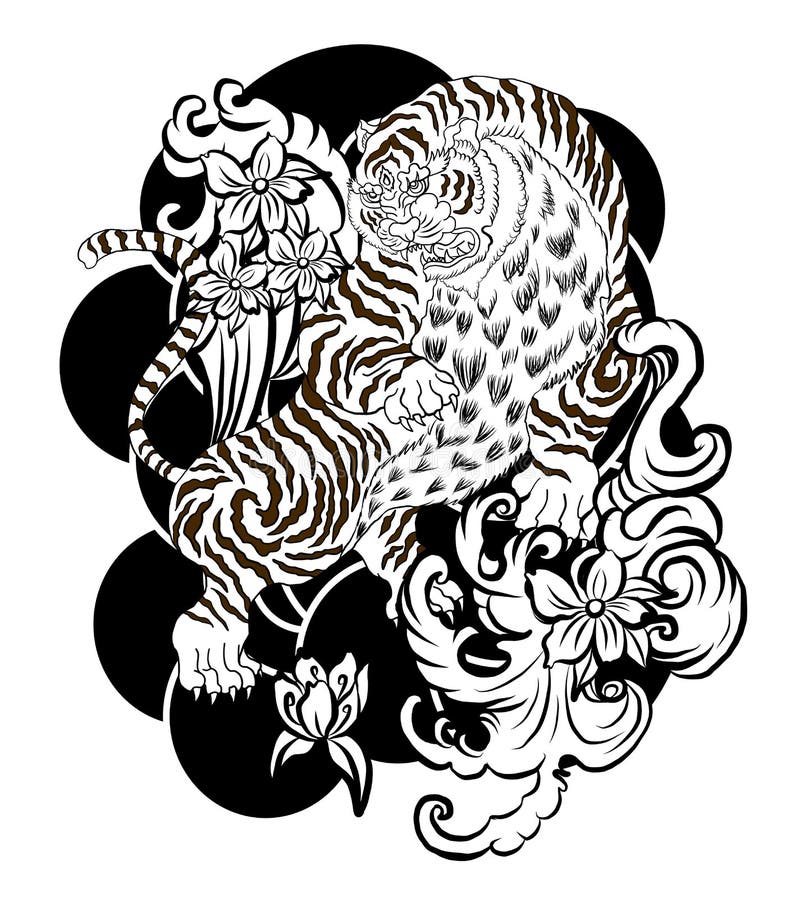 Traditional Japanese Tiger with Flower and Clouds for Tattoo Design on Background. Stock Vector - Illustration of mammal, drawing: 183928644 Traditional Japanese Tiger with Flower and Clouds for Tattoo Design on Background. Stock Vector - Illustration of mammal, drawing: 183928644