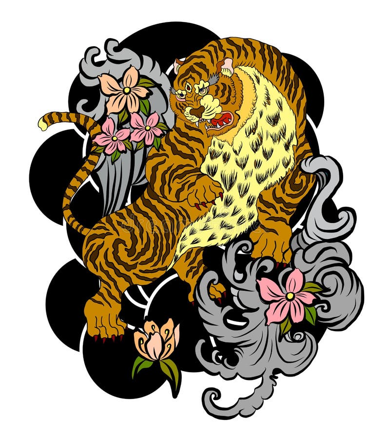 Traditional Japanese Tiger with Flower and Clouds for Tattoo Design on ...