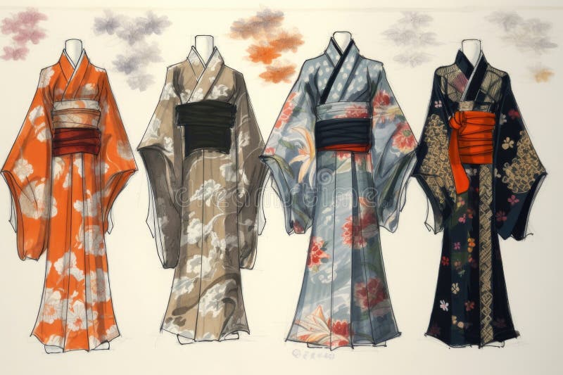 Traditional Kimono Pattern Design Sketches Stock Illustration