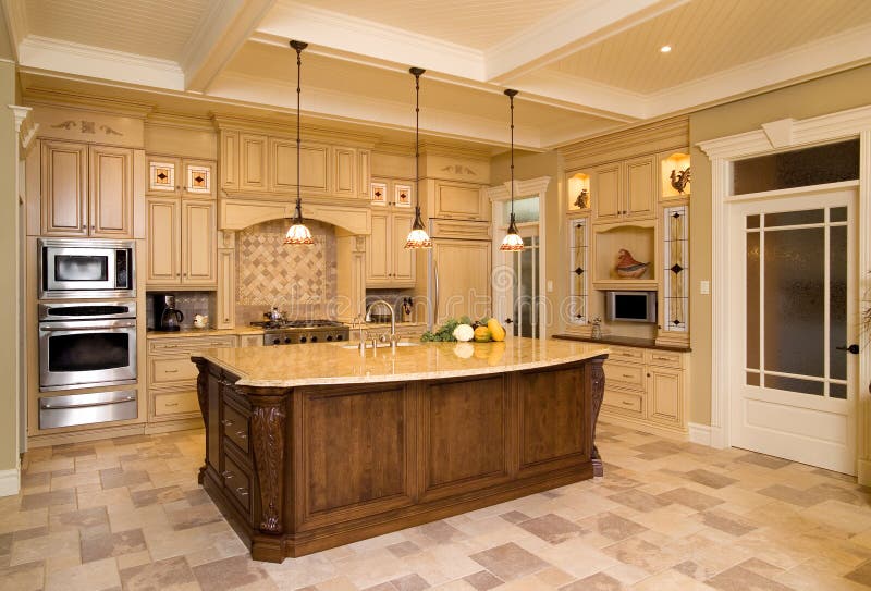 Traditional Kitchen with Brown Wooden Cabinets Stock Photo - Image of ...