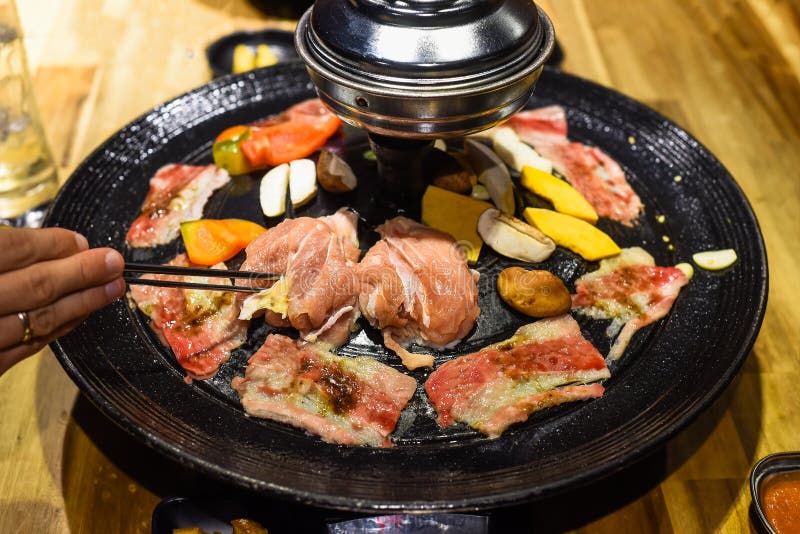 Traditional Korean Bbq with Chicken, Beef and Vegetables Stock Image