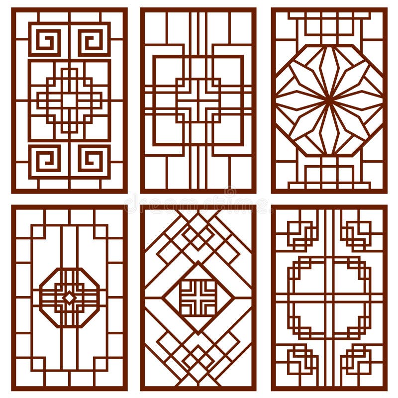 Traditional korean door and window ornament, chinese wall design, japan frames vector set