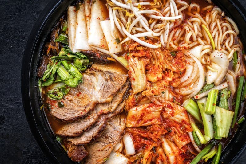 Traditional Korean kimchi jjigae with grilled pork belly and ramen in a design pot