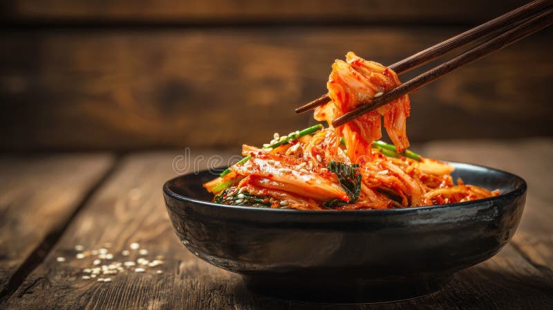 Traditional Korean kimchi picked by chopsticks from a dark bowl