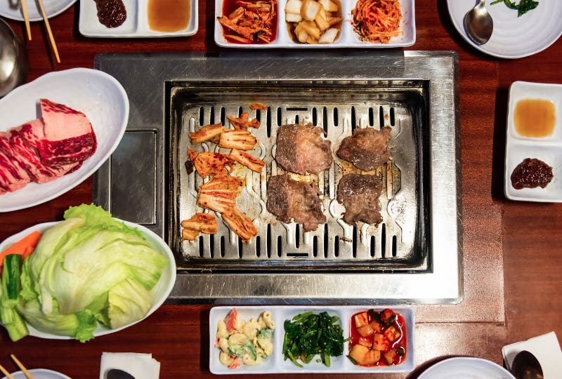 Traditional Korean Meal with Barbeque and Vegetables Stock Image