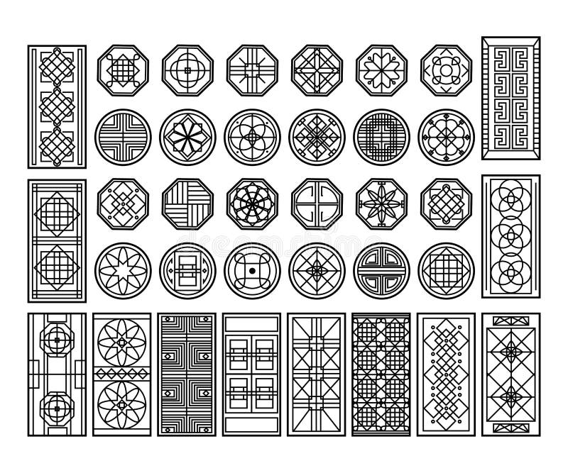Traditional korean window pattern. Circle ornament, rectangular geometric cutter decor and asian graphic design element stock illustration