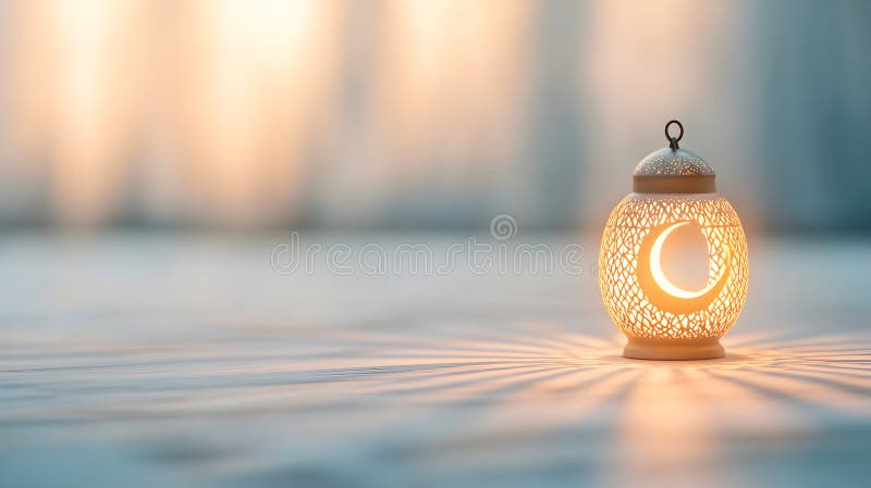 Traditional lantern with glowing crescent design casting warm shadows on floor. Perfect for Ramadan, Eid celebrations stock photo