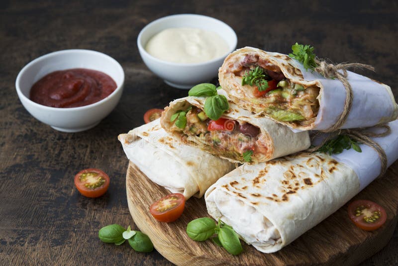 Traditional Mexican Burritos with Hot Sauce and Vegetables. Stock Image ...