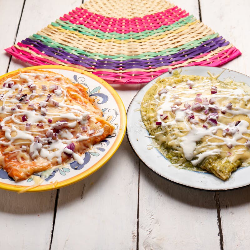 Mexican Red and Green Enchiladas with Melted Cheese on White Background Stock Image Image of