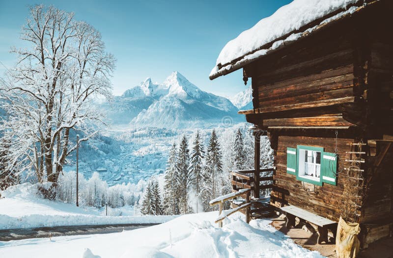 Traditional mountain cabin in the Alps in winter