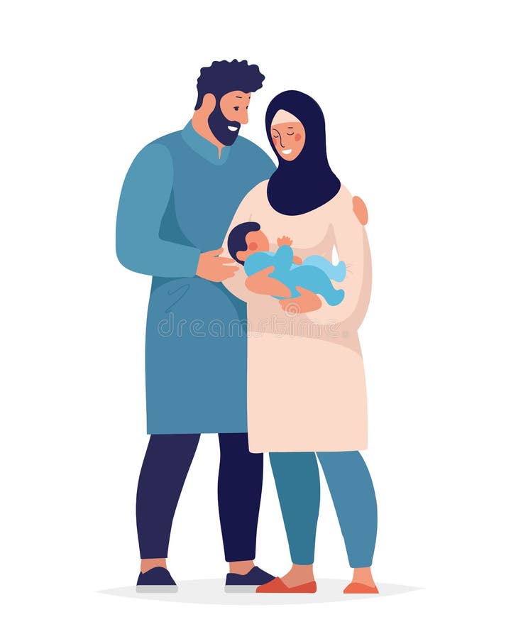 Traditional Muslim Family Standing with Newborn Baby. Happy Arab Man Hugs  Child and Wife in Hijab Stock Vector - Illustration of background, husband:  176569710
