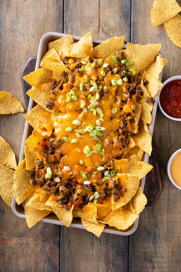 Traditional Nachos with Ground Beef and Red Pepper Stock Photo Image