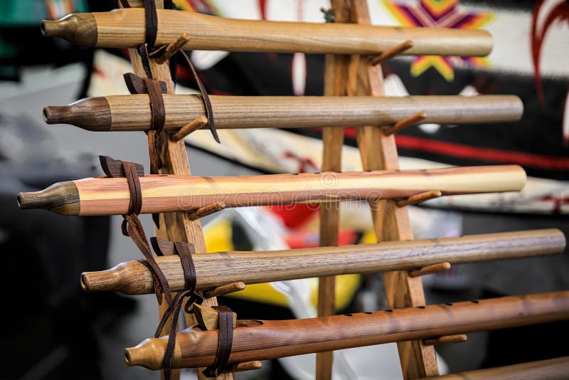 Traditional Native American Indian flutes on display for sale at a powwow, San Francisco