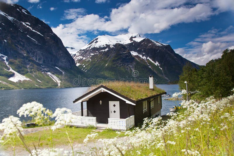 Traditional Norwegian House at Lake Stock Photo Image