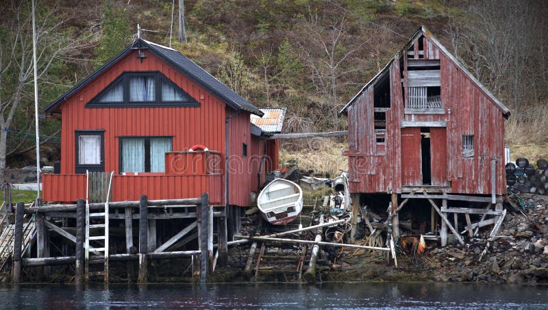 traditional norwegian red wooden boat barns stock photo