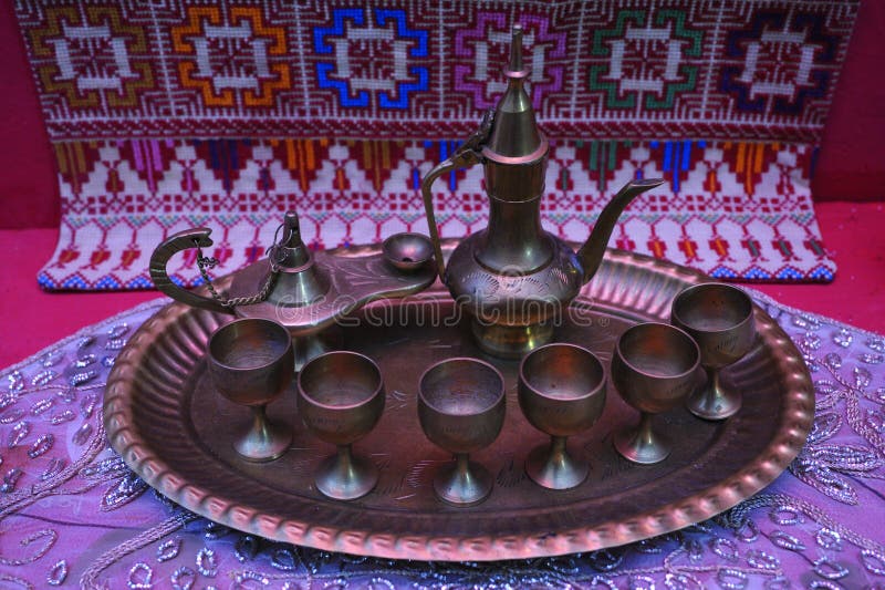 Traditional Palestinian Tea Set Made of Bronze Teapots, Cups and Tray