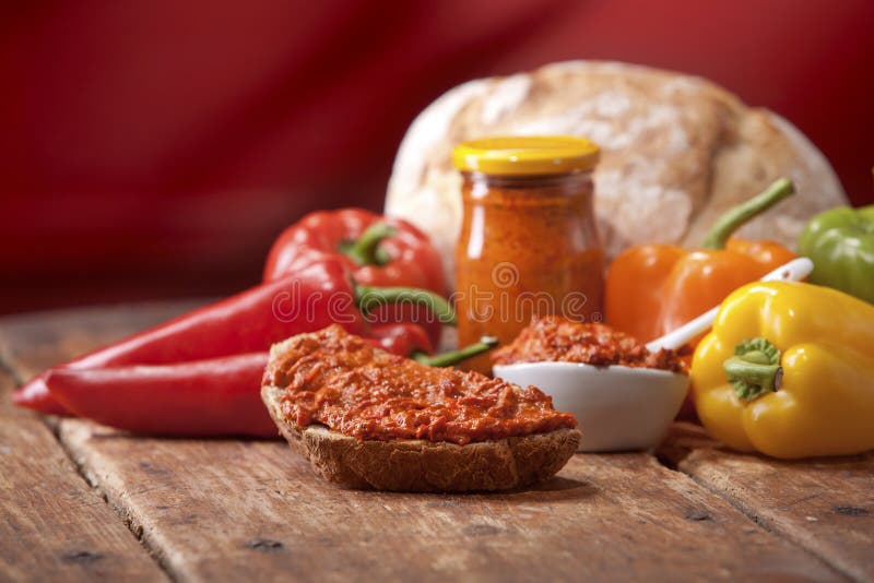 Traditional pepper relish from the Balkans stock photography