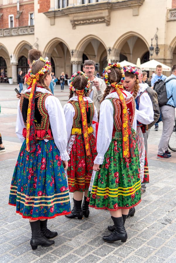 Traditional Polish Folk Costumes On Parade In Krakow Main Market Square Editorial Photography