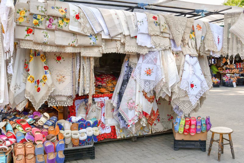 Traditional Polish handmade tablecloths and souvenirs, market stall, Zakopane, Poland