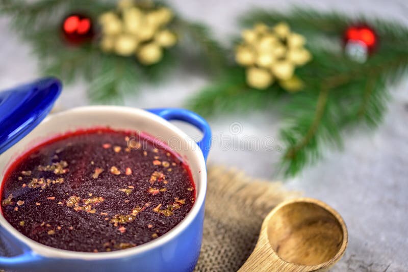 Traditional Polish soup - red borsch - christmas decorations royalty free stock image Traditional Polish soup - red borsch - christmas decorations royalty free stock image